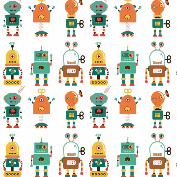 Retro Robot Rally Kids' Wallpaper - White