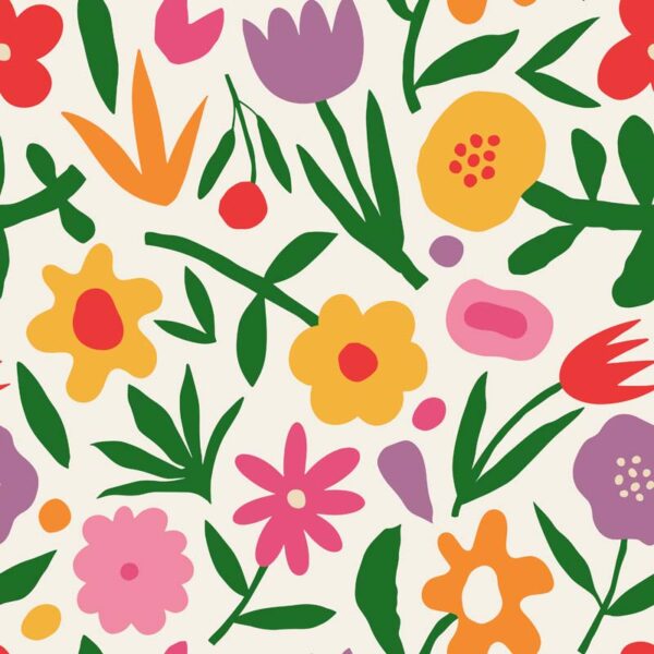 Spring Meadow Wallpaper – Colourful Hand-Drawn Florals on White - Cream