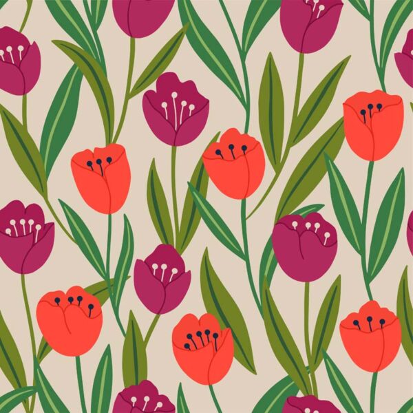 Tulip Meadow Wallpaper – Bold Red and Plum Blooms - Beige