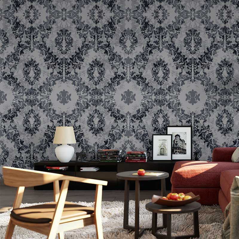 Velvet Noir Damask – Black & Grey Wallpaper